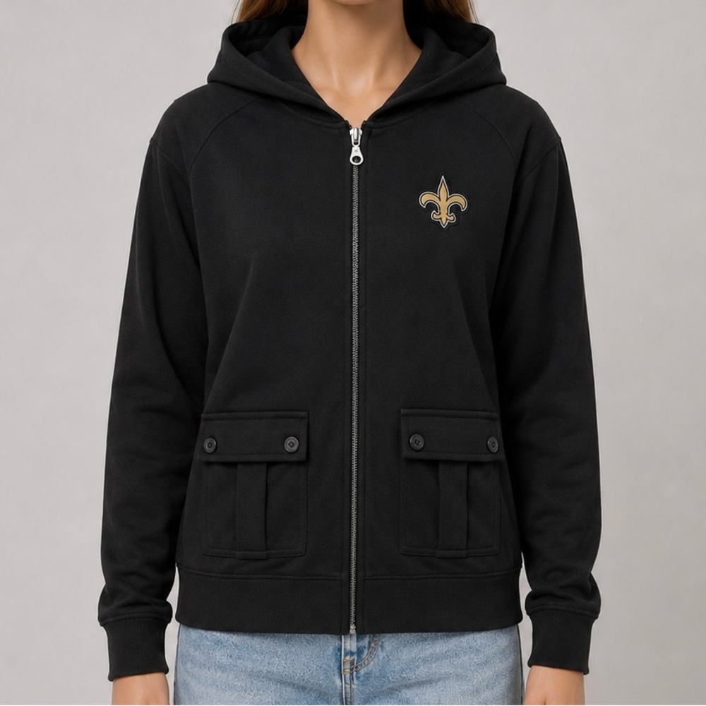 NFL Hoodie Jacket New Orleans Saints Womens Small Black Hooded Waffle Knit READ